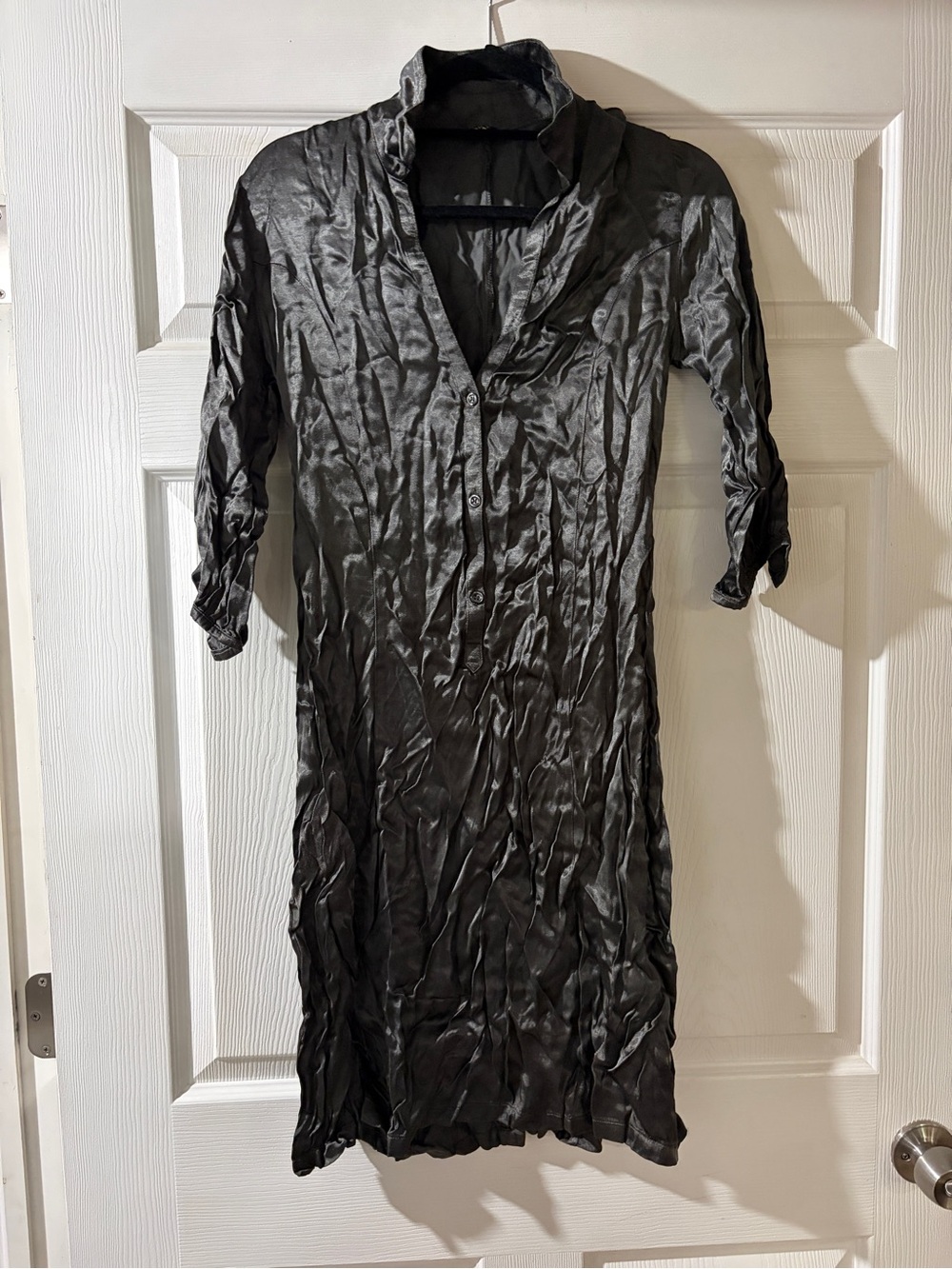 Black Satin Long-Sleeve Button-Front Dress